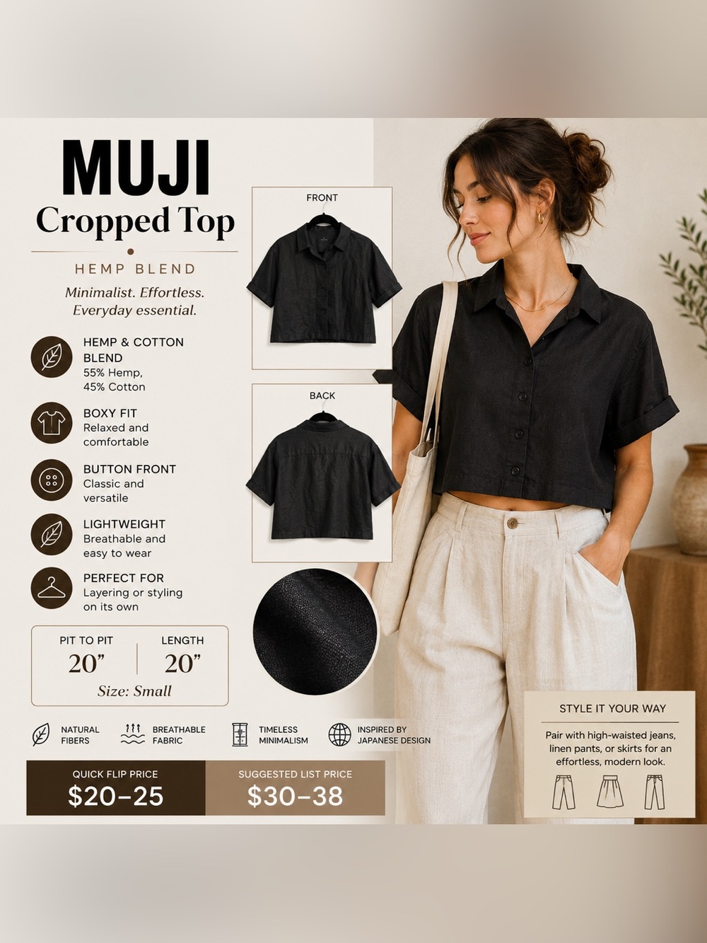 Muji Hemp Blend Black Cropped Boxy Button-Up Top Size Small Natural Fibers
